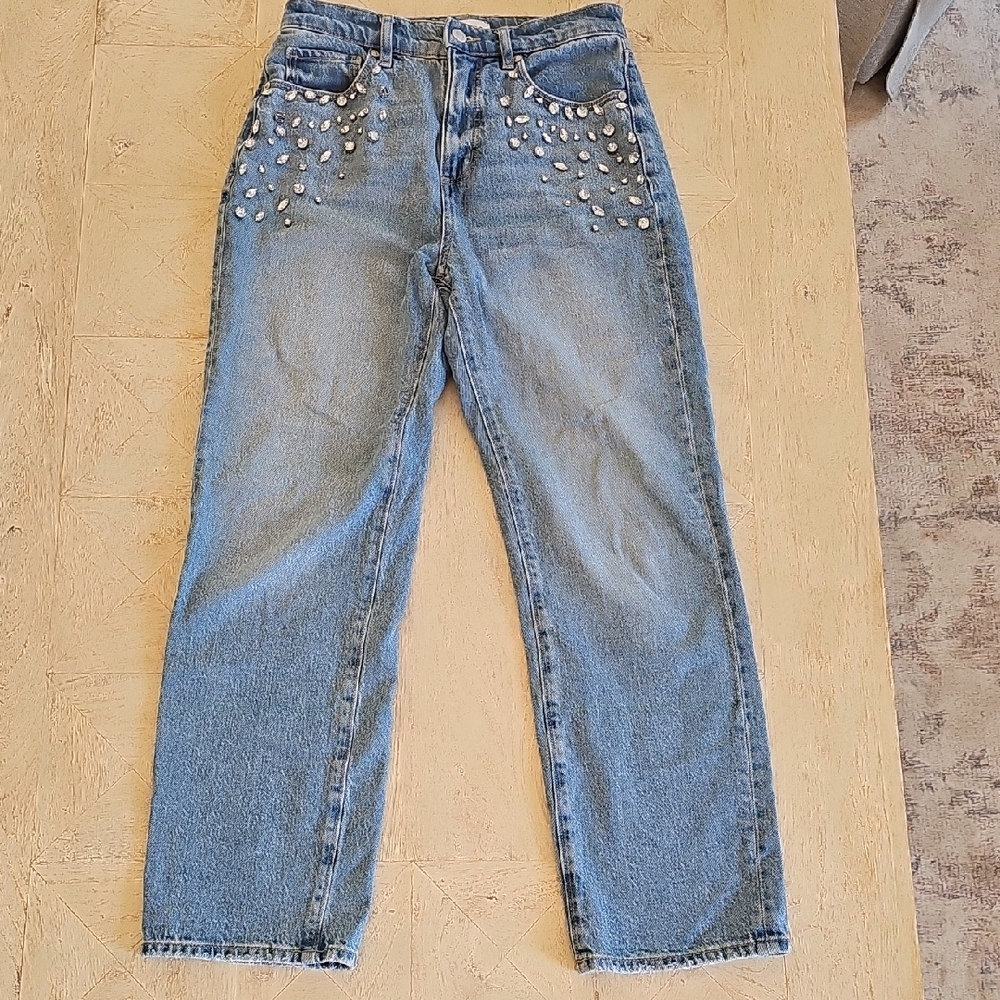 LOFT Light Blue Straight Leg Jeans with Pearl Details